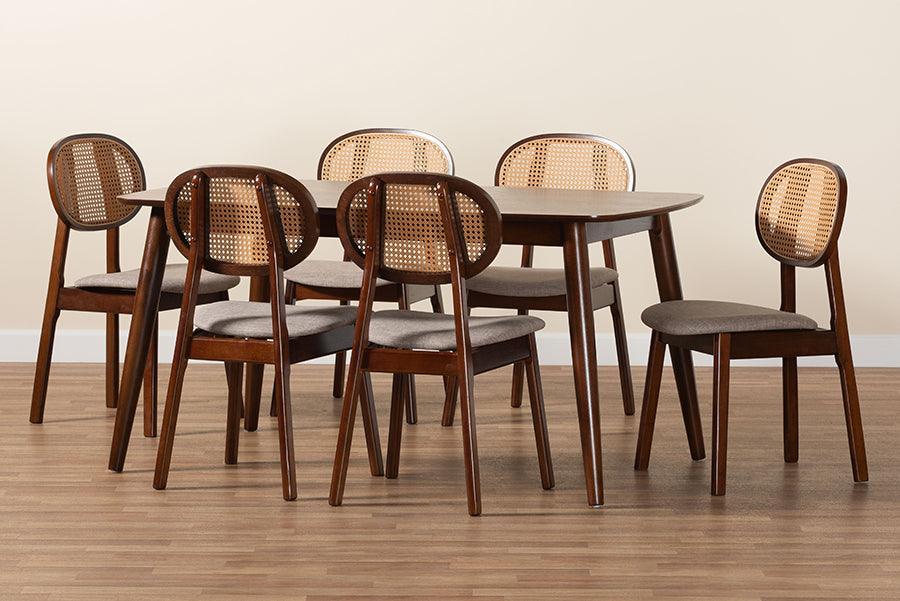 Darrion Mid-Century Modern Grey Fabric and Walnut Brown Finished Wood 7-Piece Dining Set FredCo