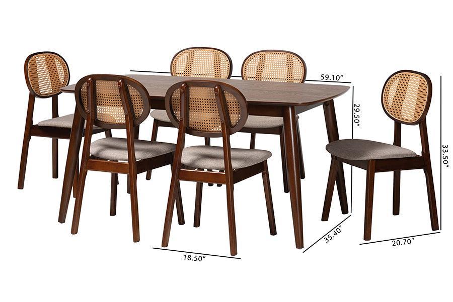 Darrion Mid-Century Modern Grey Fabric and Walnut Brown Finished Wood 7-Piece Dining Set FredCo