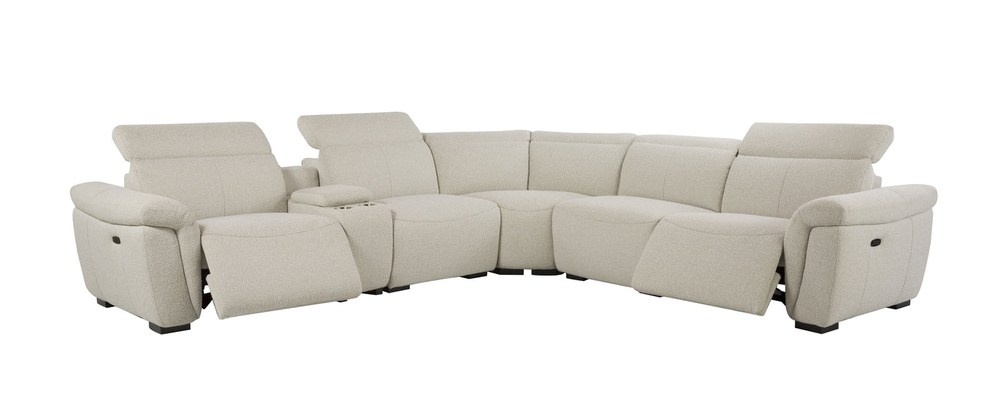 Dayana Beige Boucle Power Recliner Sectional Sofa for 5 People with Cupholder Console & Adjustable Headrest FredCo