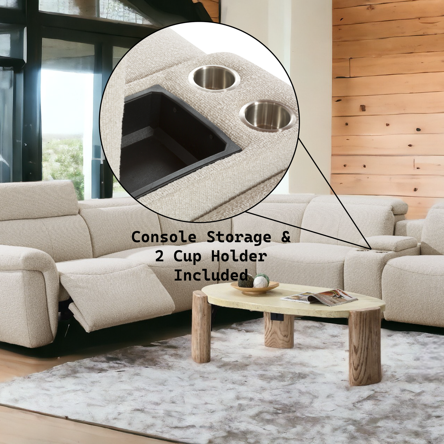 Dayana Beige Boucle Power Recliner Sectional Sofa for 5 People with Cupholder Console & Adjustable Headrest FredCo