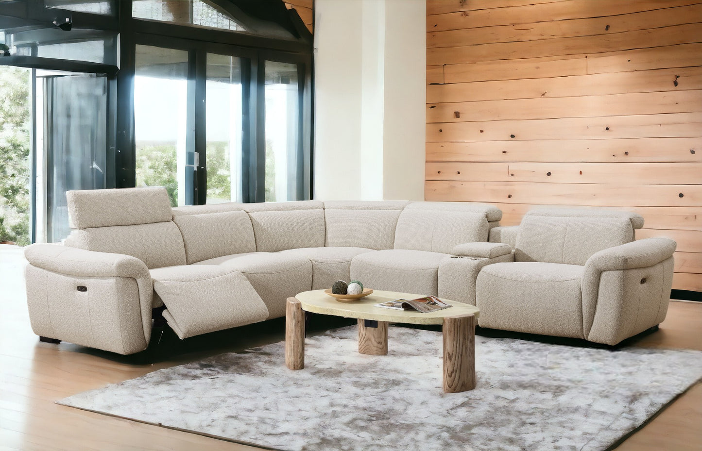 Dayana Beige Boucle Power Recliner Sectional Sofa for 5 People with Cupholder Console & Adjustable Headrest FredCo