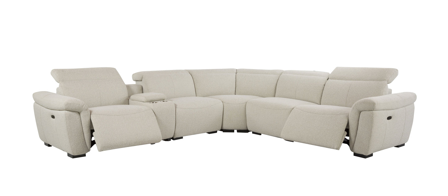 Dayana Beige Boucle Power Recliner Sectional Sofa for 5 People with Cupholder Console & Adjustable Headrest FredCo