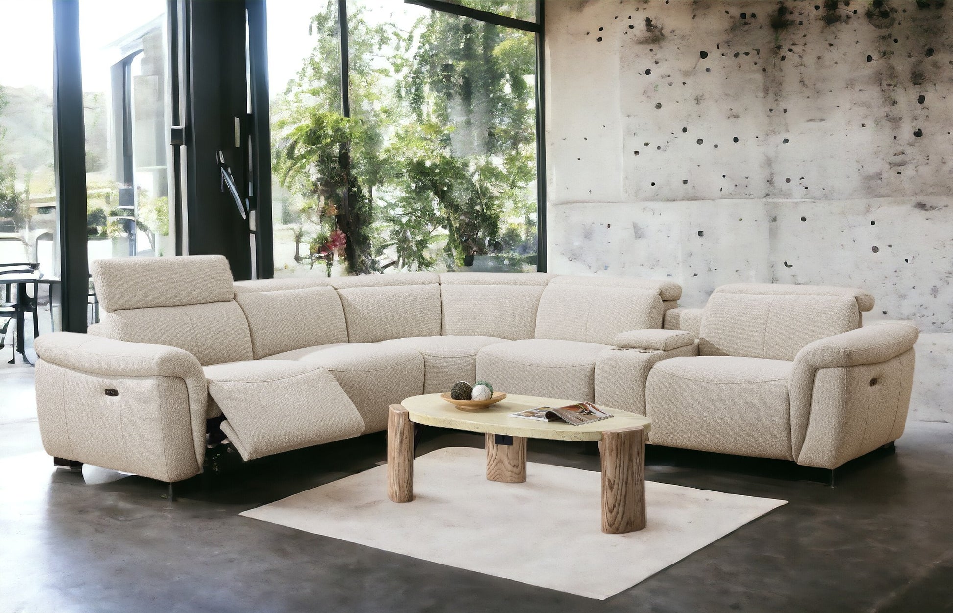 Dayana Beige Boucle Power Recliner Sectional Sofa for 5 People with Cupholder Console & Adjustable Headrest FredCo
