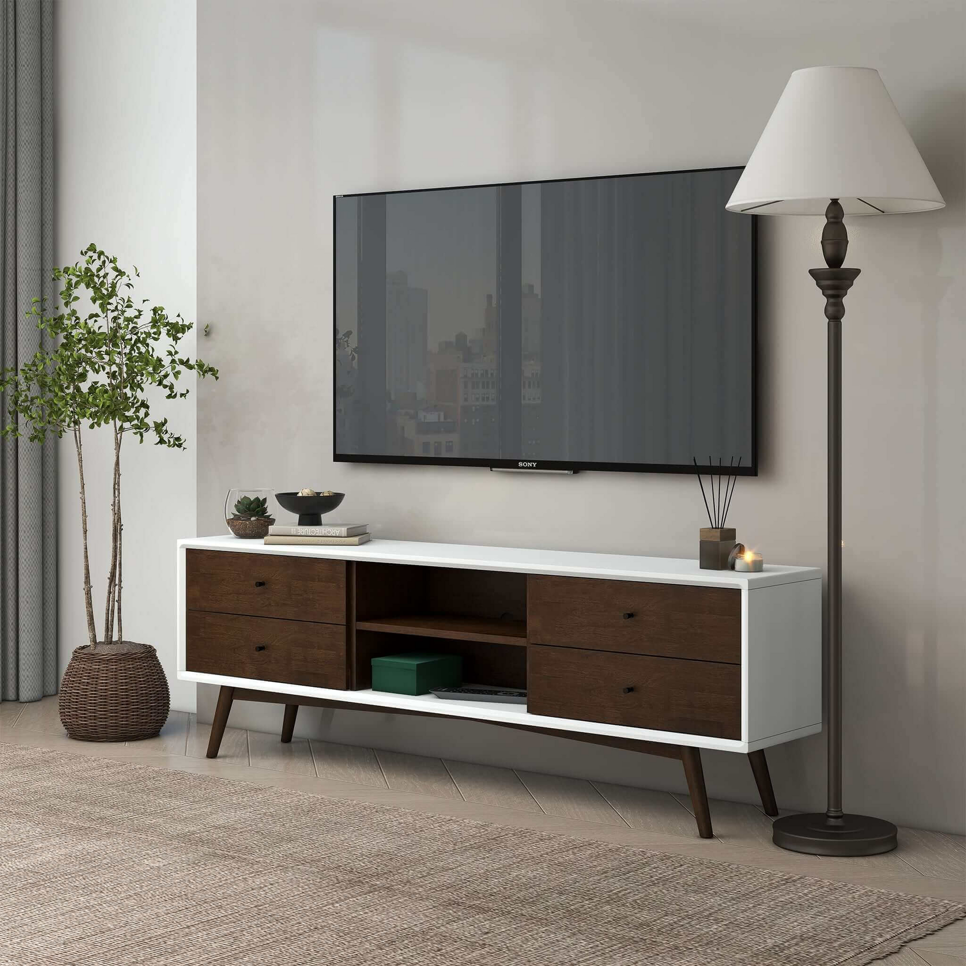 Modern living room with mid-century TV stand, flat-screen TV, floor lamp, and potted plant.
