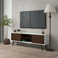 Modern living room with mid-century TV stand, flat-screen TV, floor lamp, and potted plant.