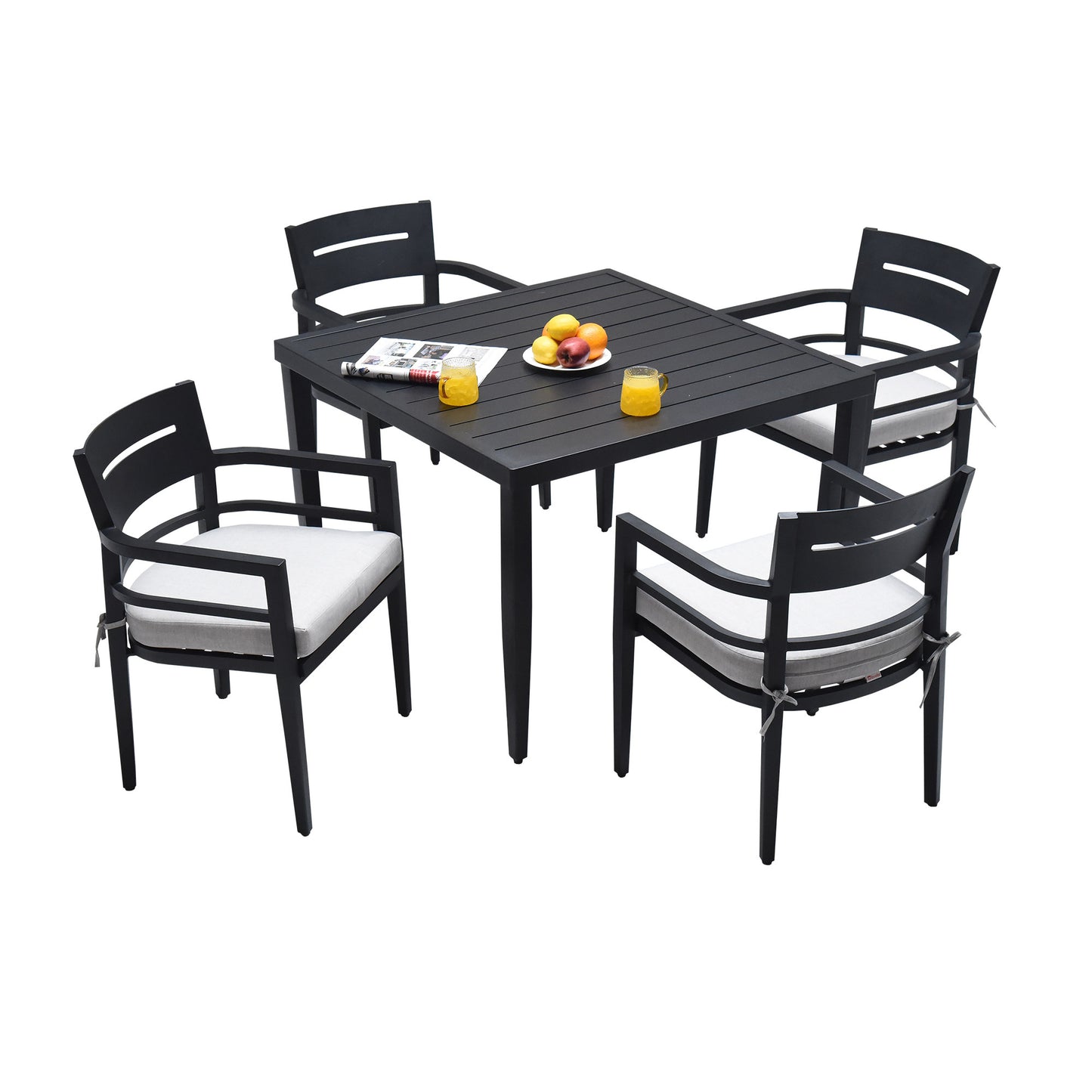 5-Piece Outdoor Patio Aluminum Furniture, Modern Dining Set, including 4 Dining Chairs Sunbrella Fabric Cushioned and 40' Square Dining Table with 2'Umbrella Hole, Ember Black