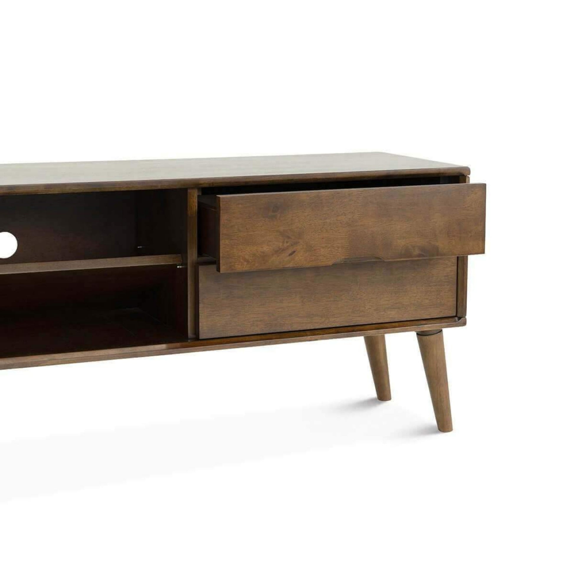 Mid-century modern wooden TV stand with open shelf and drawer, FredCo International furniture