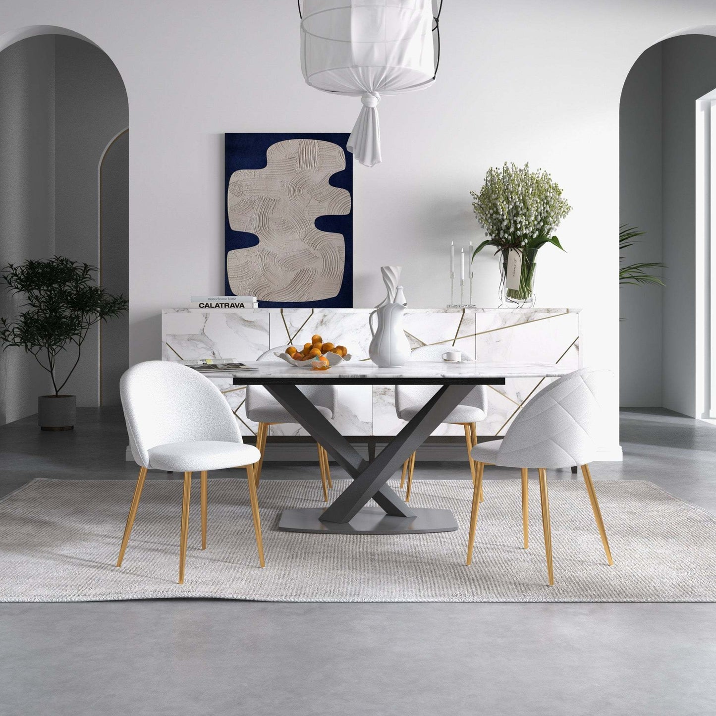 Modern dining room with marble table, white chairs, abstract wall art, and elegant decor