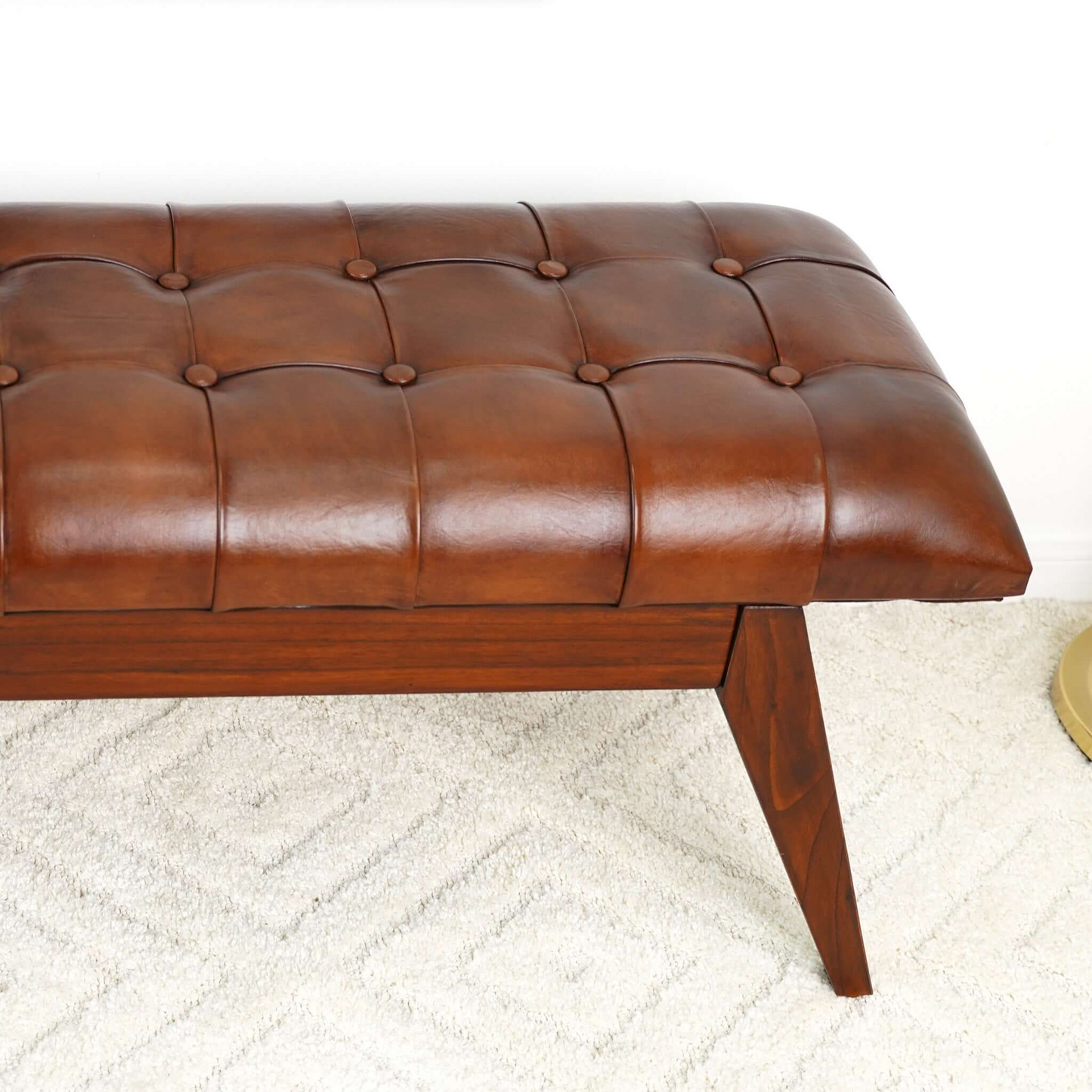 Maja Mid Century Modern Tan Leather Bench with Solid Wood Frame and Tapered Legs 17.7'H x 47.2'W x 15.7'D for Living Room Bedroom Waiting Room FredCo