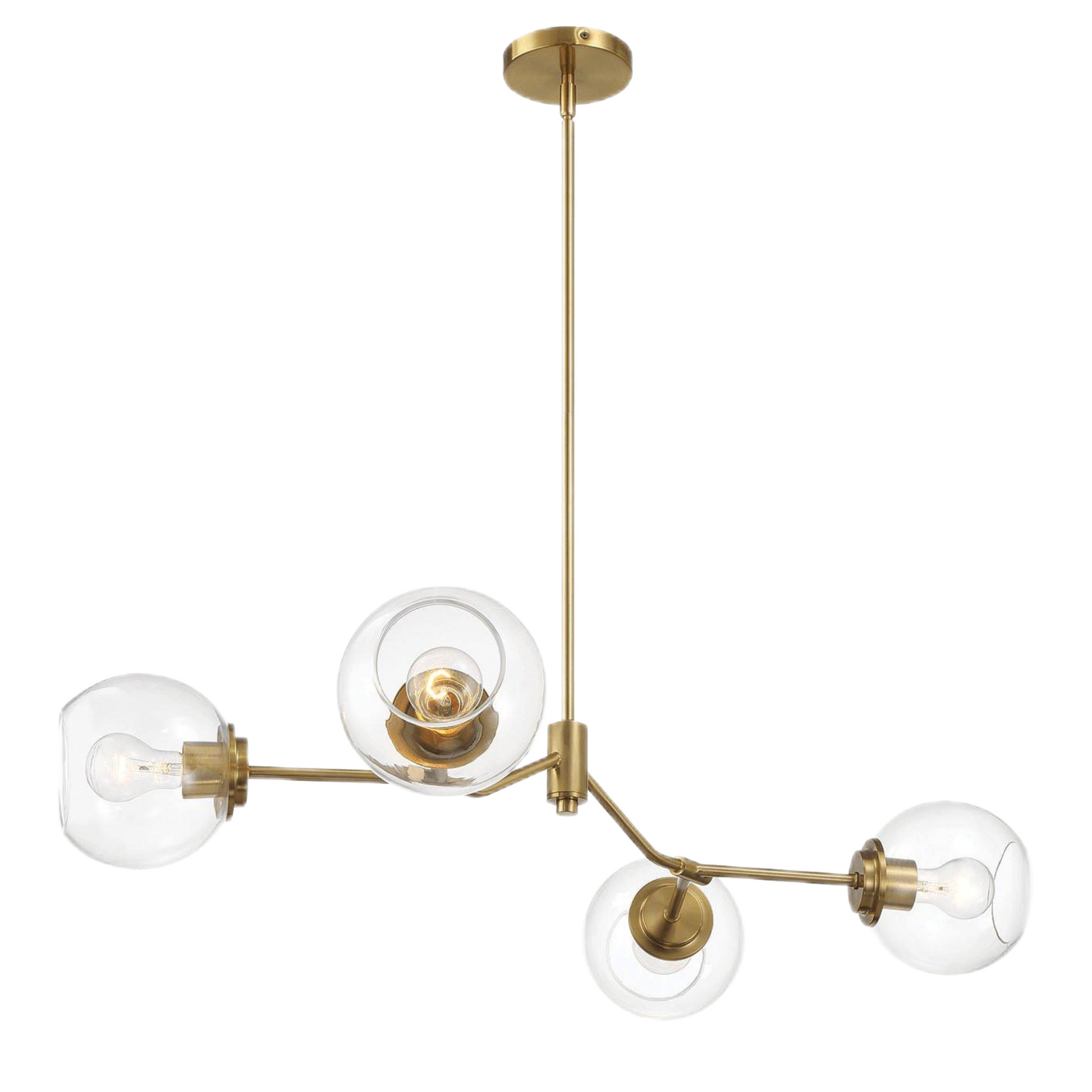 Modern brass chandelier with four clear glass globe lights, FredCo International furniture