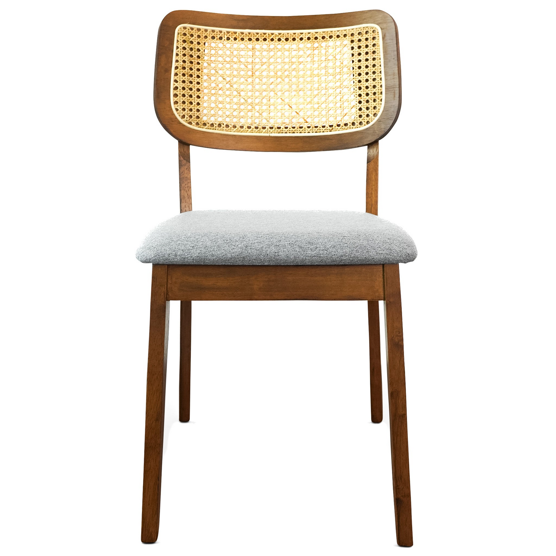 Mid-century modern dining chair with cane backrest, wood frame, and gray fabric seat from FredCo International