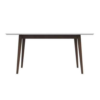 Modern dining table with white top and dark wood legs, FredCo International furniture