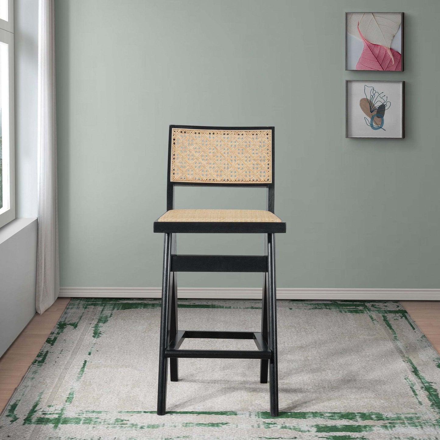 Keira Mid-Century Rattan Bar Stool Set of 2 with Leather Seat in Black 27.4In FredCo