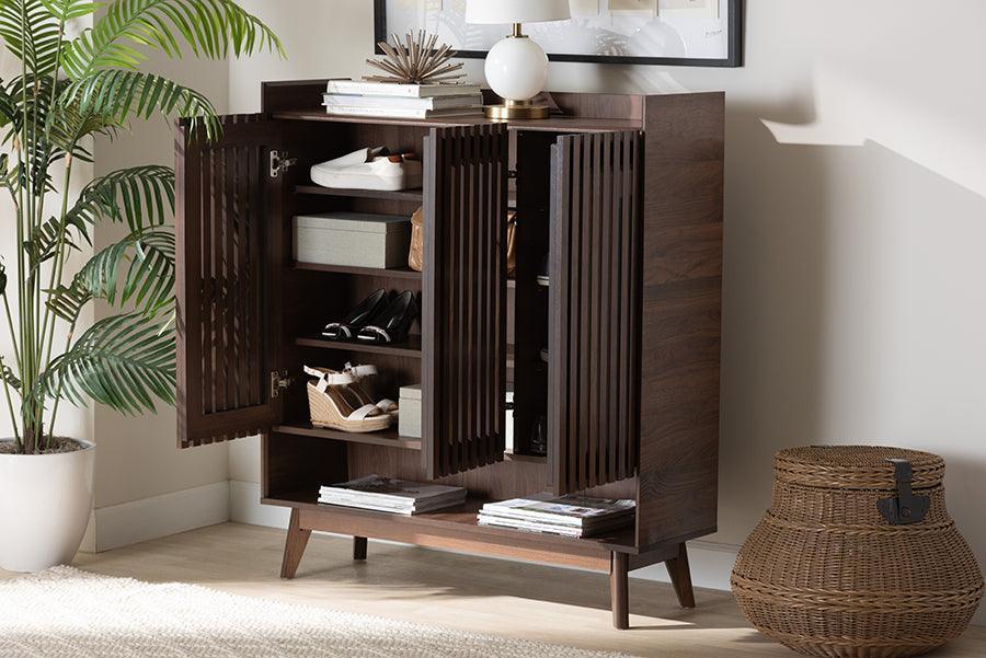 Delaire Mid-Century Modern Walnut Brown Finished Wood Shoe Cabinet FredCo