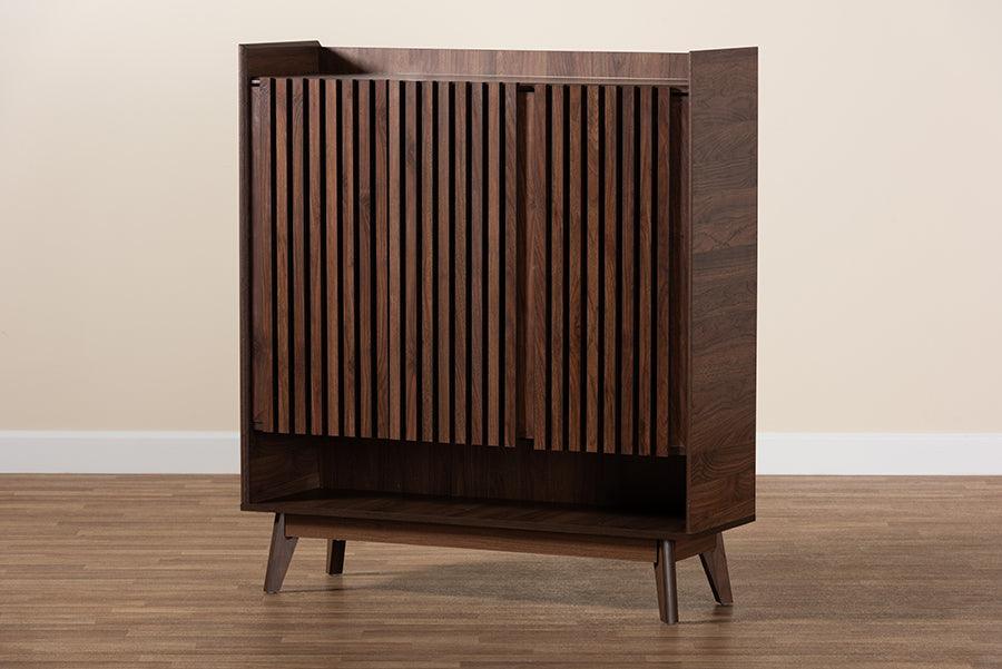 Delaire Mid-Century Modern Walnut Brown Finished Wood Shoe Cabinet FredCo