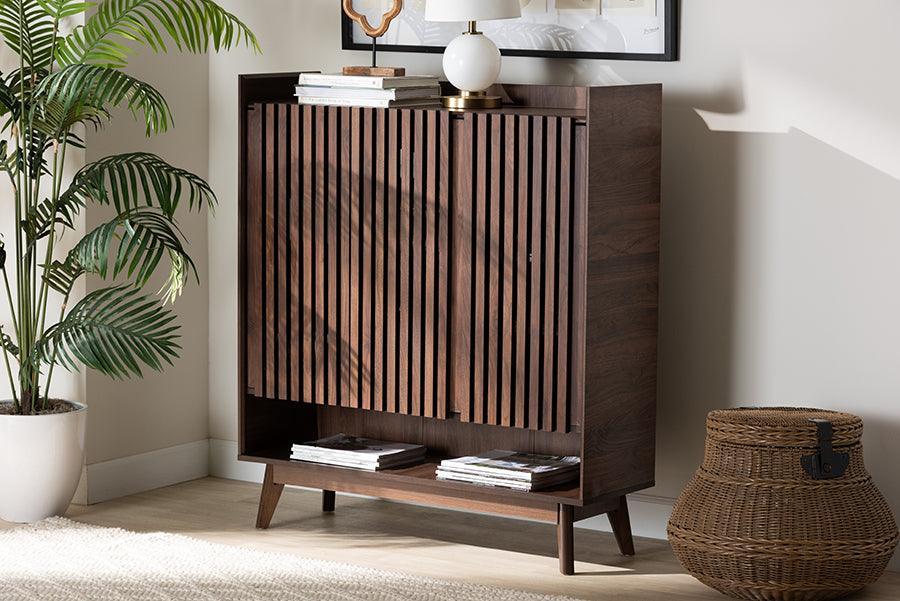 Delaire Mid-Century Modern Walnut Brown Finished Wood Shoe Cabinet FredCo
