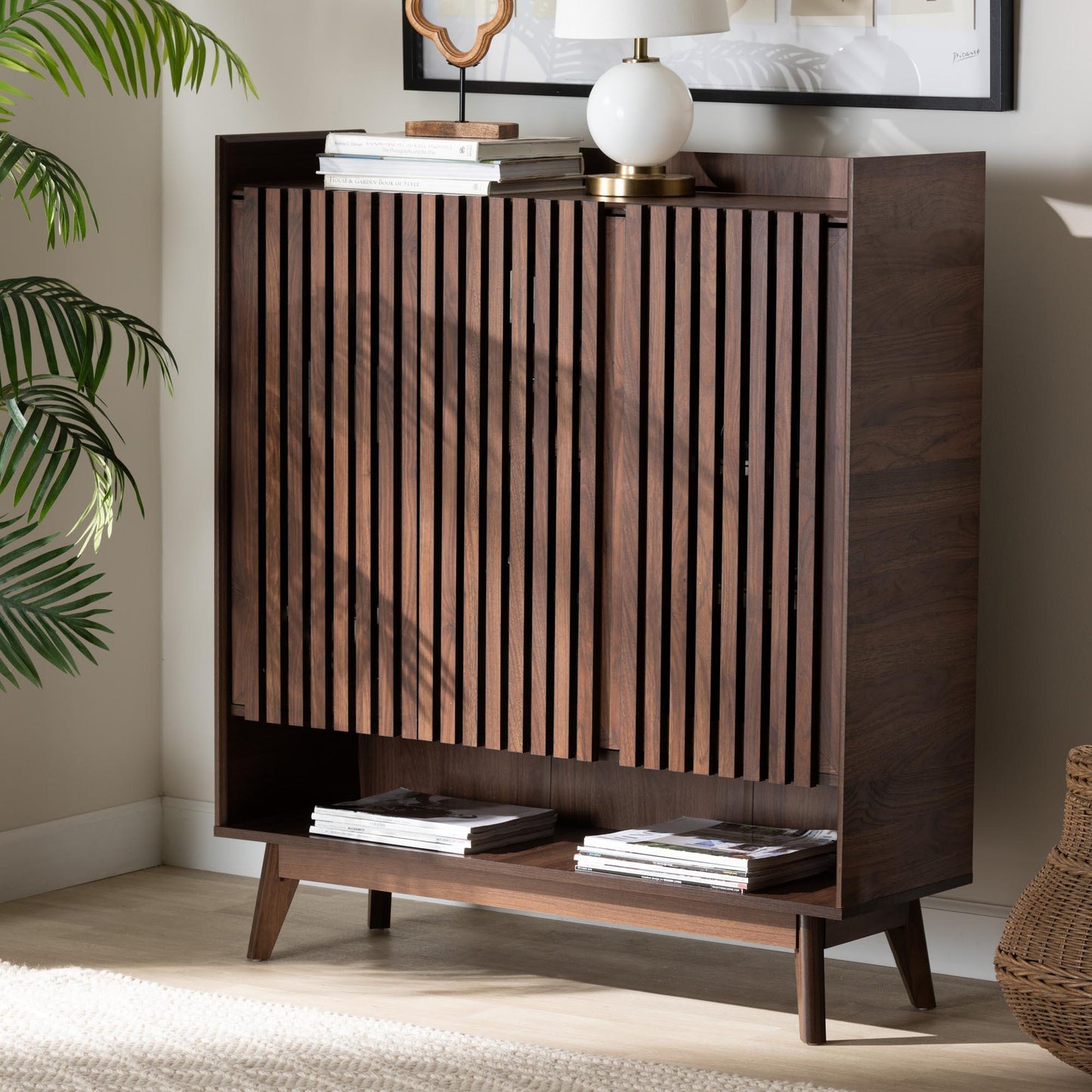 Delaire Mid-Century Modern Walnut Brown Finished Wood Shoe Cabinet FredCo