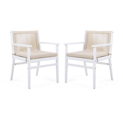 Outdoor Dining Chairs Set of 2, Acacia Wood Patio Armchair with Rope Design Back and Water Repellent Cushion, White Frame, 400lbs Weight Capacity