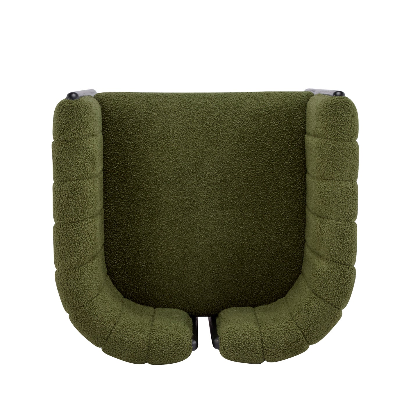 Modern olive green boucle armchair with curved, padded arms, FredCo International furniture