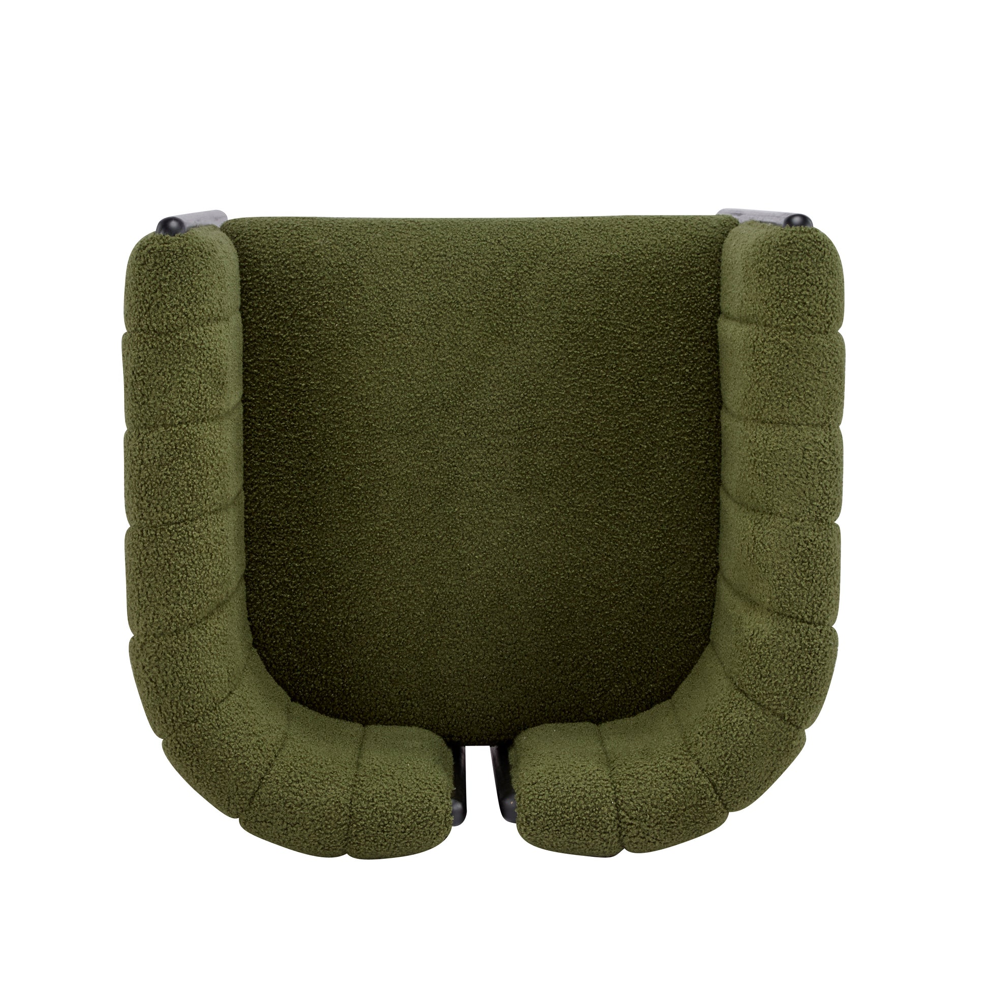 Modern olive green boucle armchair with curved, padded arms, FredCo International furniture