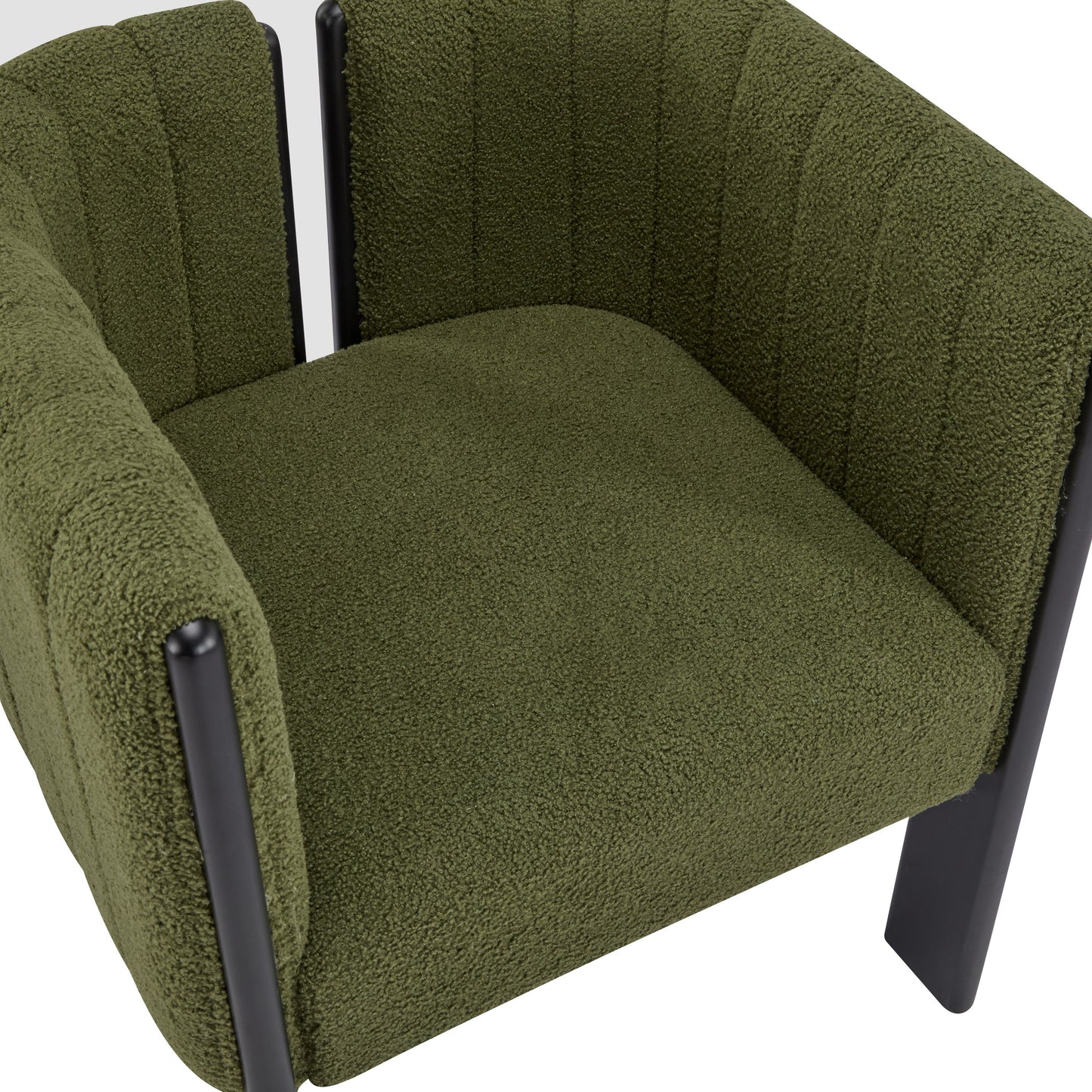 Modern green boucle armchair with black metal legs, contemporary home furniture at FredCo International