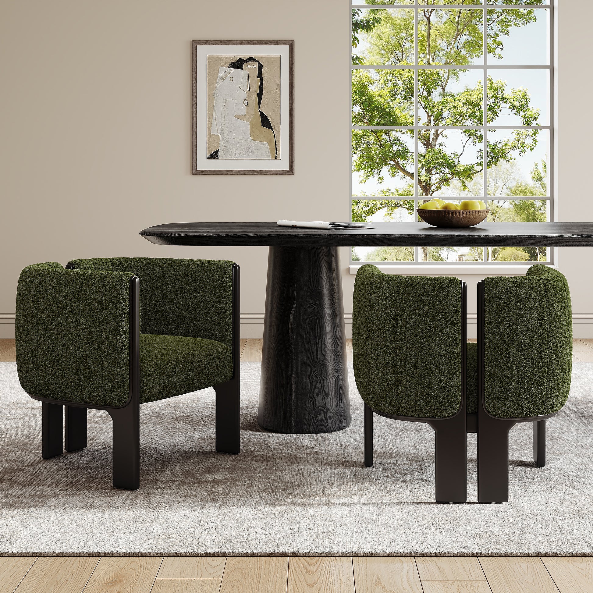 Modern dining room with green upholstered chairs, black table, art on wall, and window view