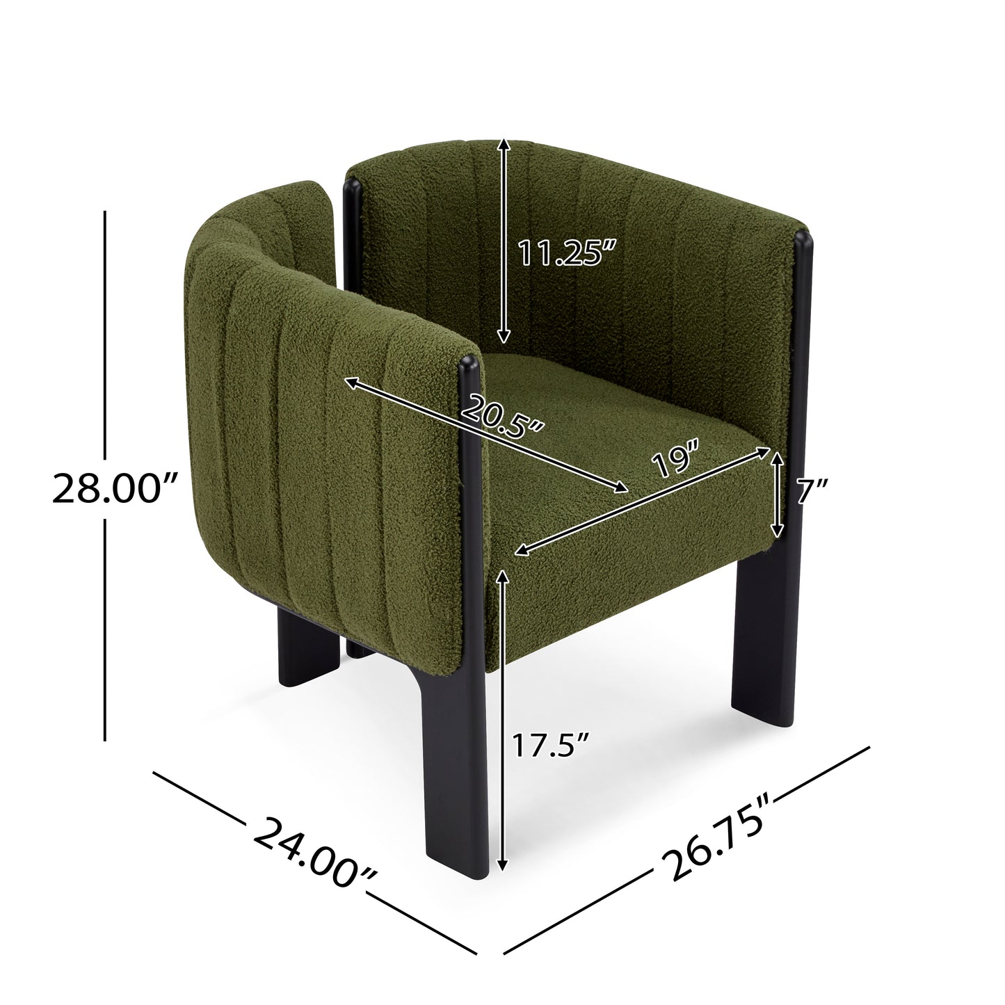 Green upholstered modern accent chair with black legs and labeled dimensions from FredCo International