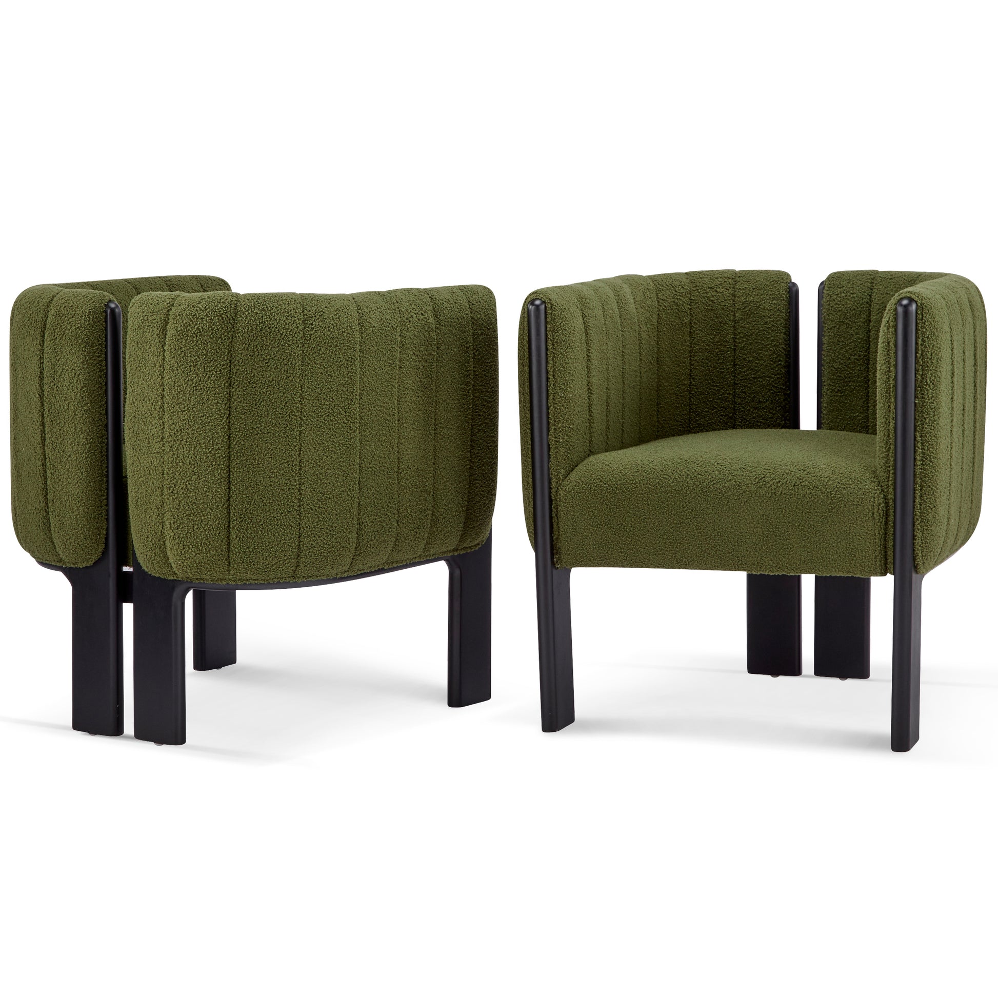 Modern green accent chairs with textured upholstery and black legs, FredCo International furniture