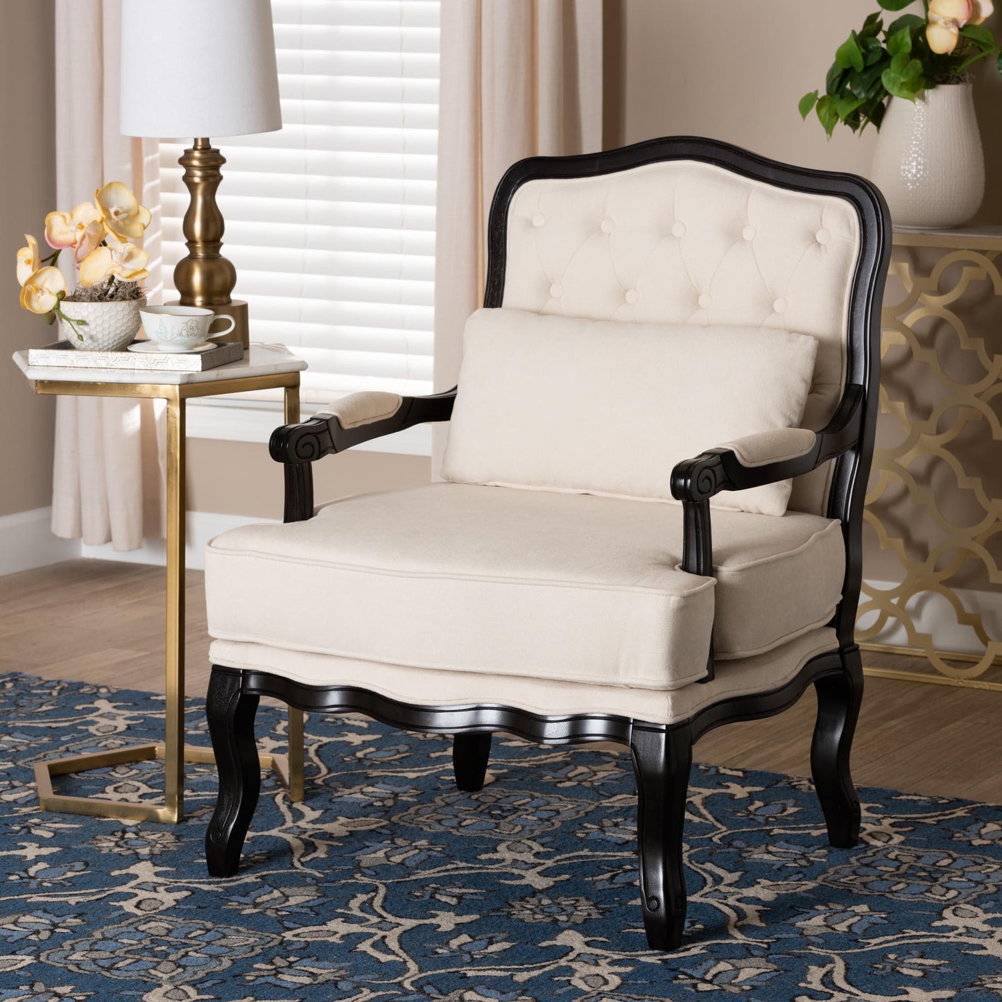Dion Traditional French Cream Fabric and Wenge Brown Finished Wood Accent Chair FredCo