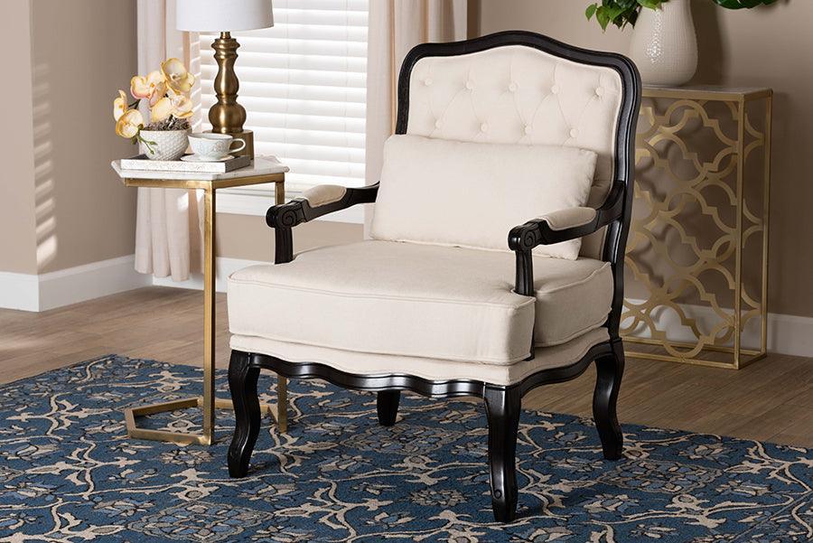 Dion Traditional French Cream Fabric and Wenge Brown Finished Wood Accent Chair FredCo