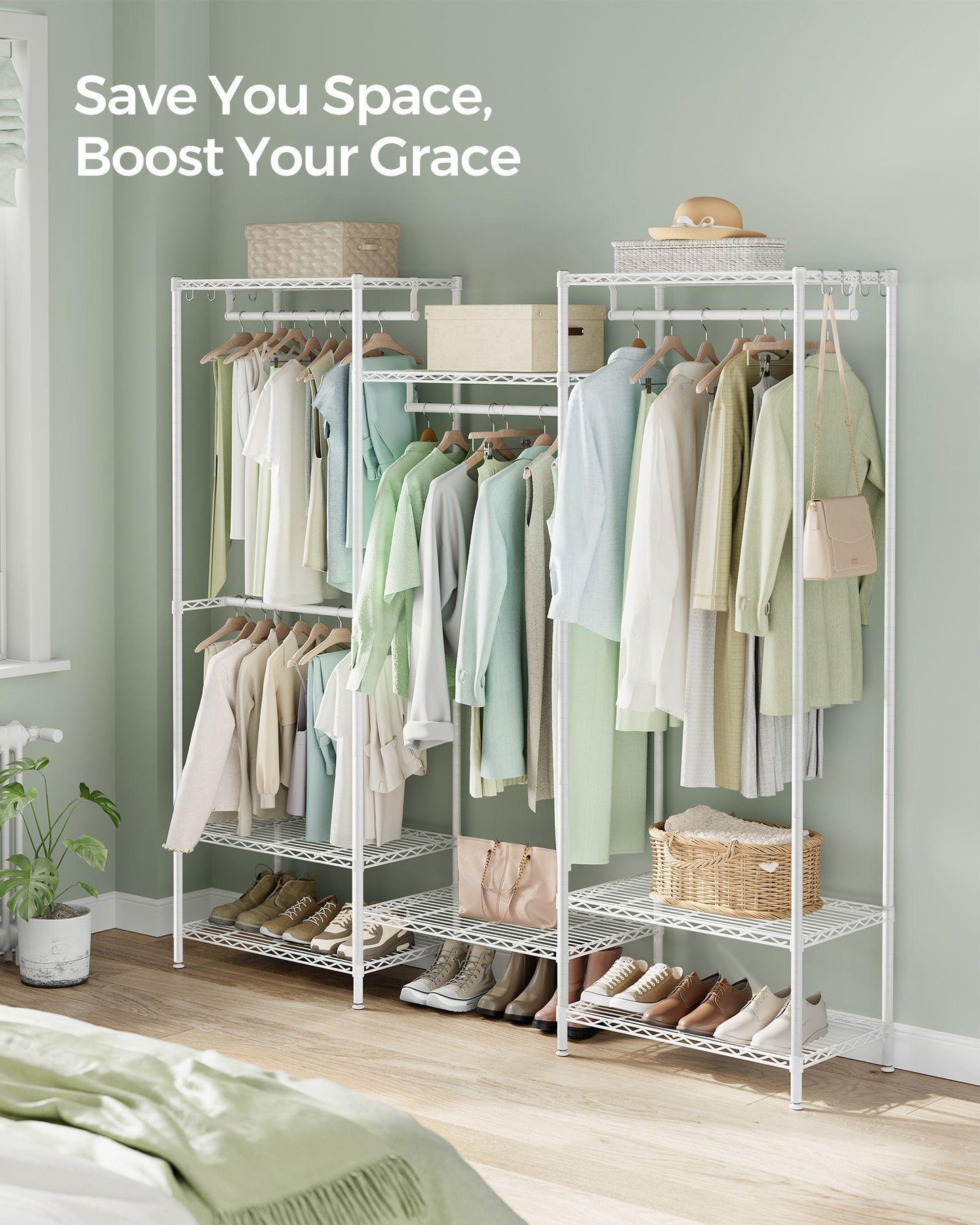 Dividable Clothing Rack with Adjustable Shelves and Hanging Rails Cloud White FredCo