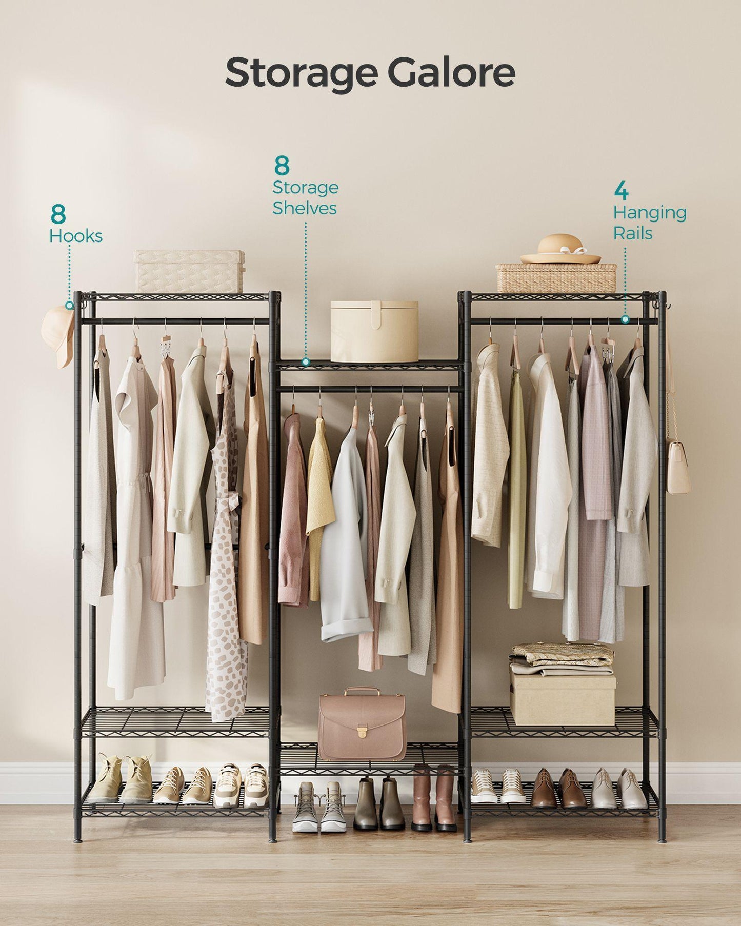 Dividable Clothing Rack with Adjustable Shelves and Hanging Rails Ink Black FredCo
