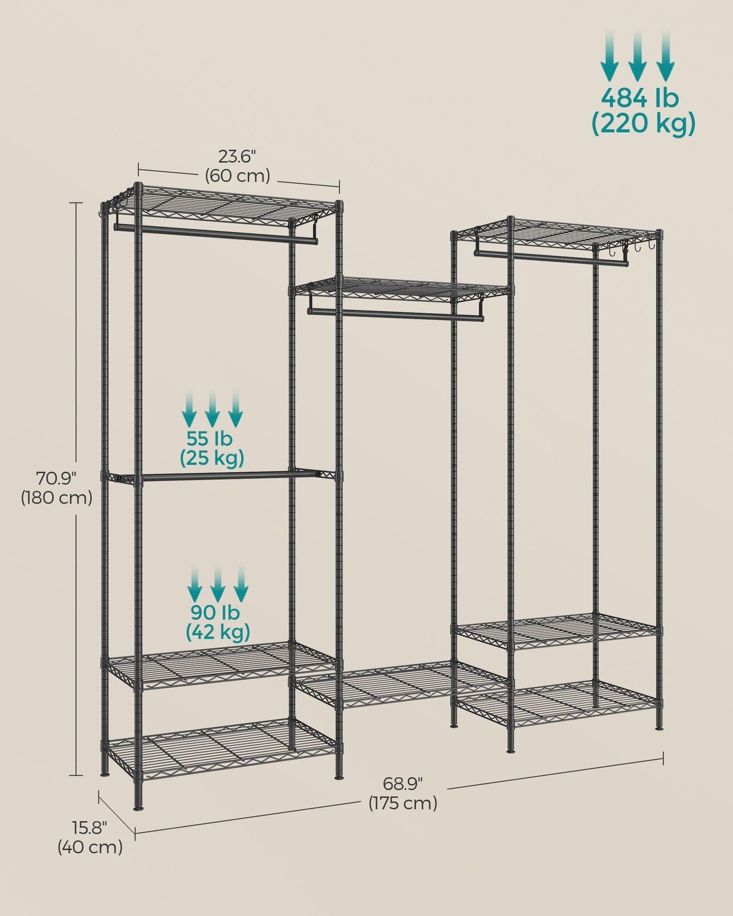Dividable Clothing Rack with Adjustable Shelves and Hanging Rails Ink Black FredCo