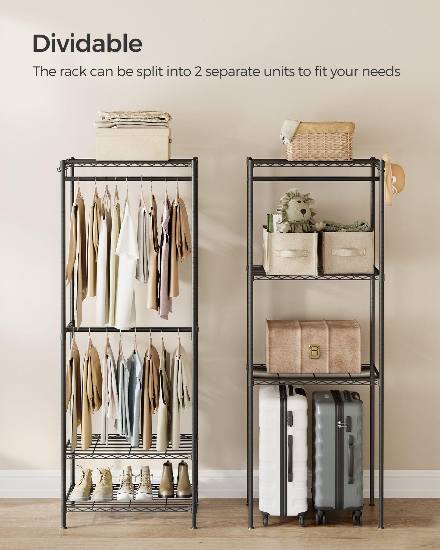 Dividable Clothing Rack with Adjustable Shelves and Hanging Rails Ink Black FredCo