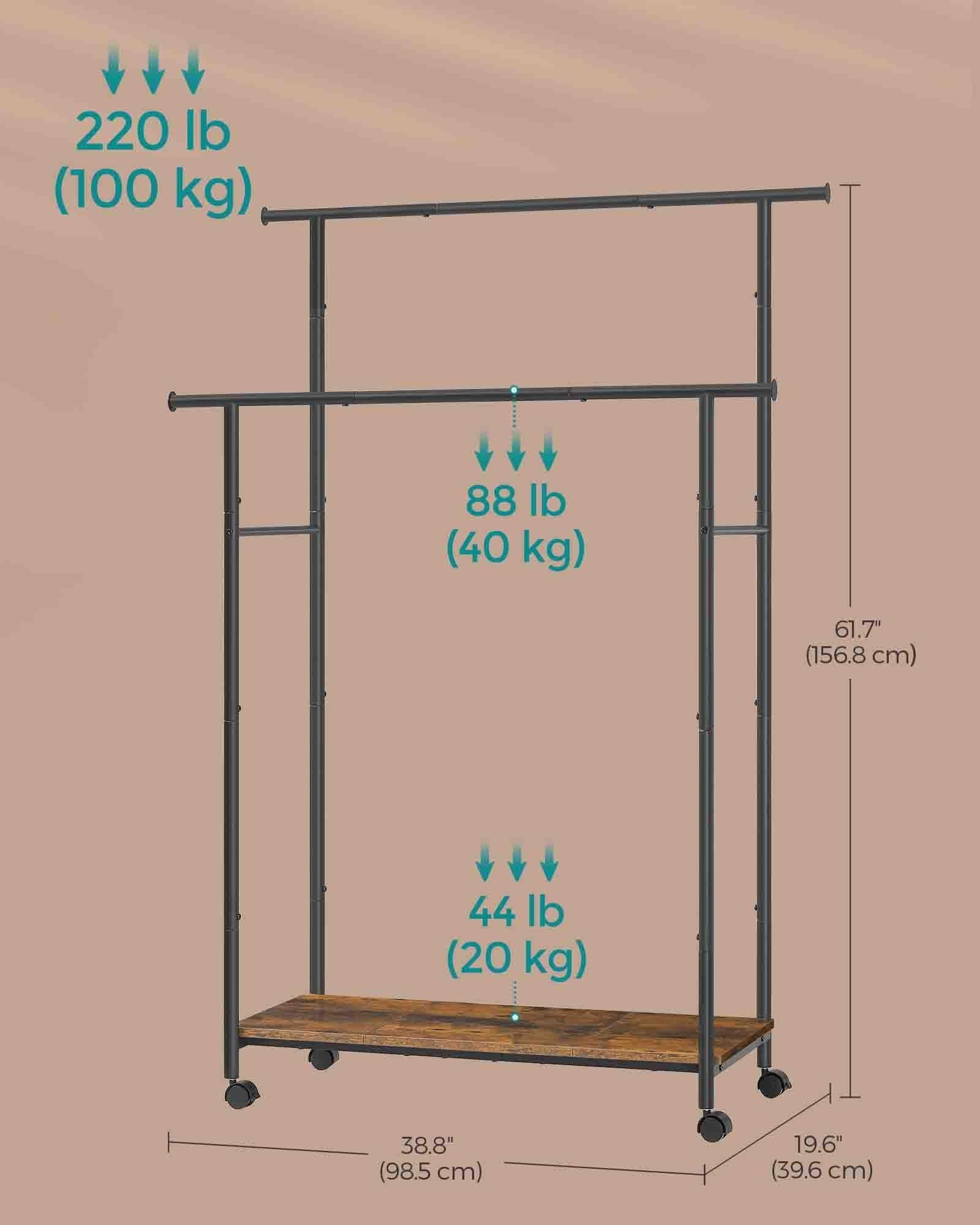 Double-Rod Clothes Rack with Wheels Rustic Brown and Ink Black FredCo