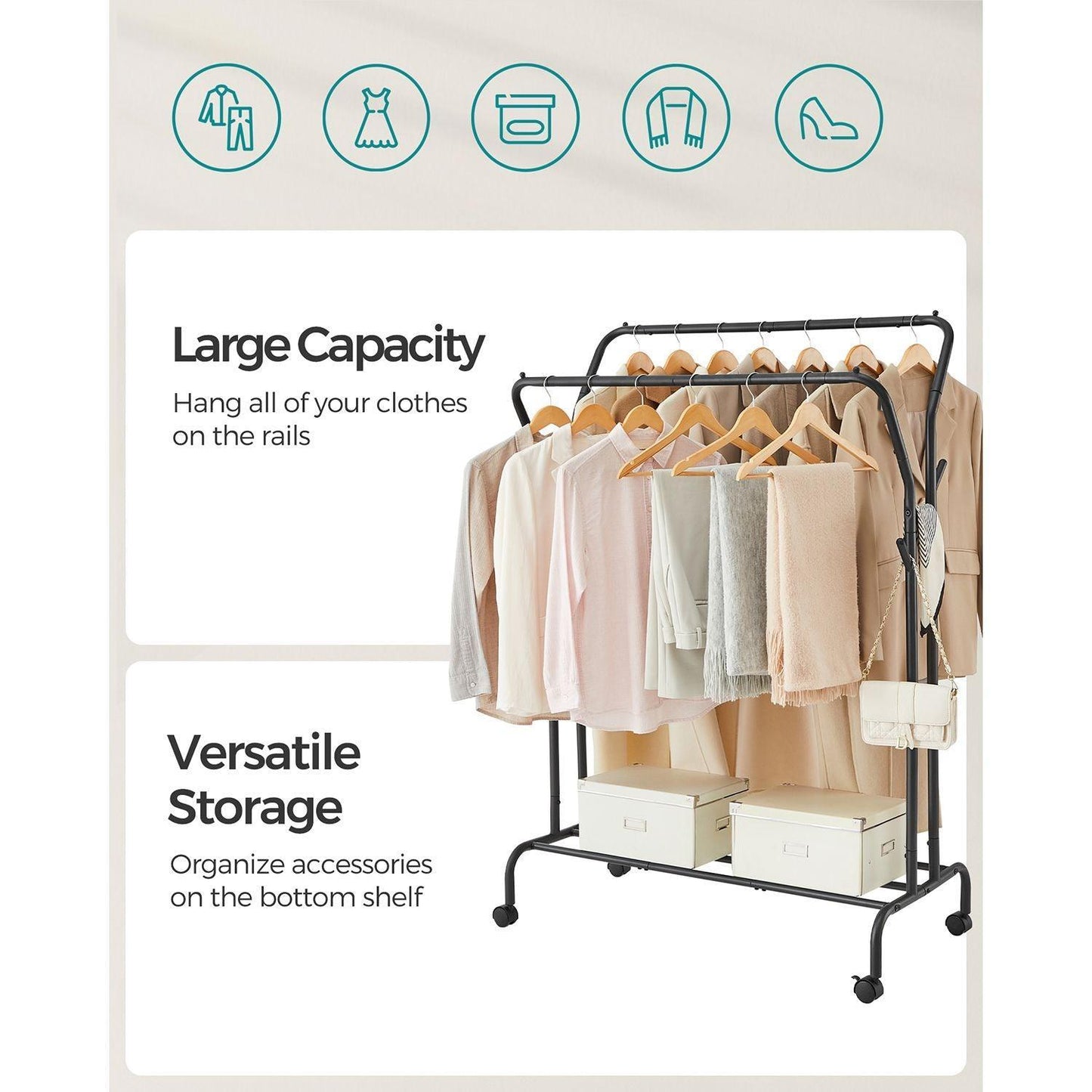 Double-Rod Clothing Rack with Wheels FredCo