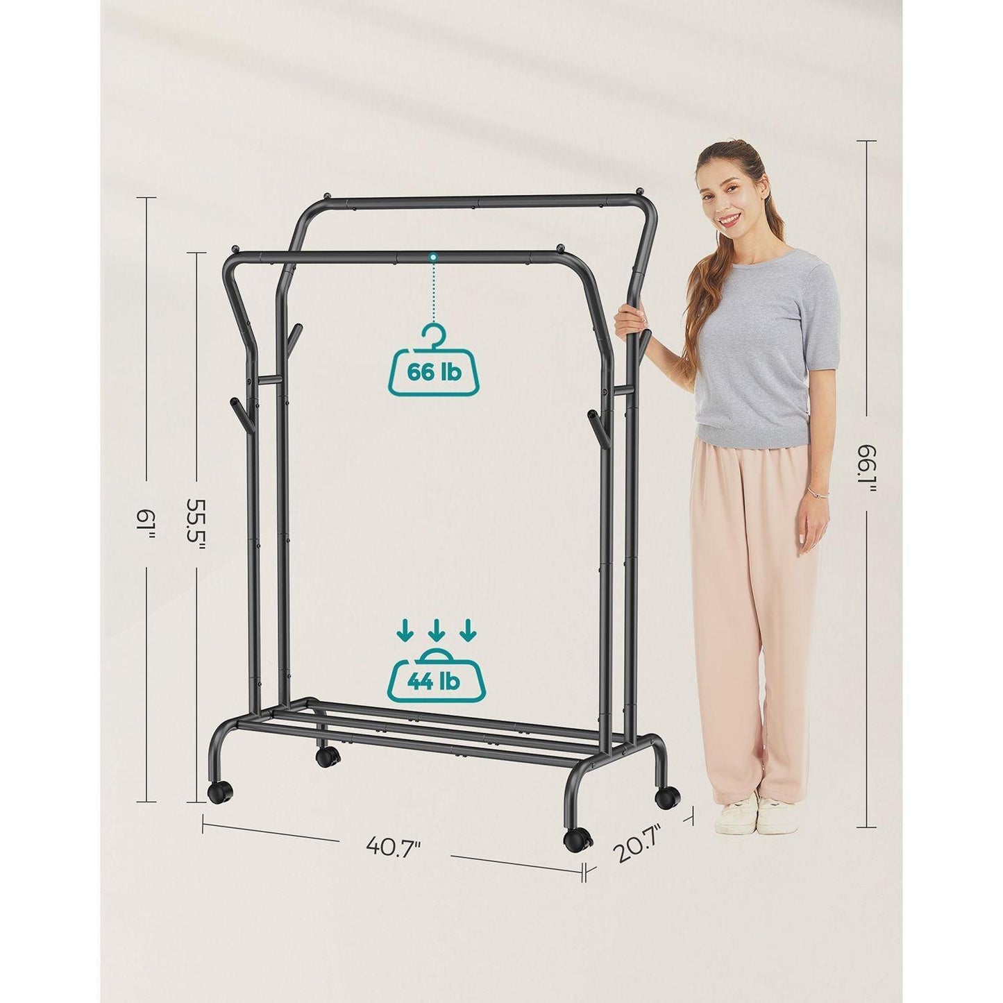 Double-Rod Clothing Rack with Wheels FredCo