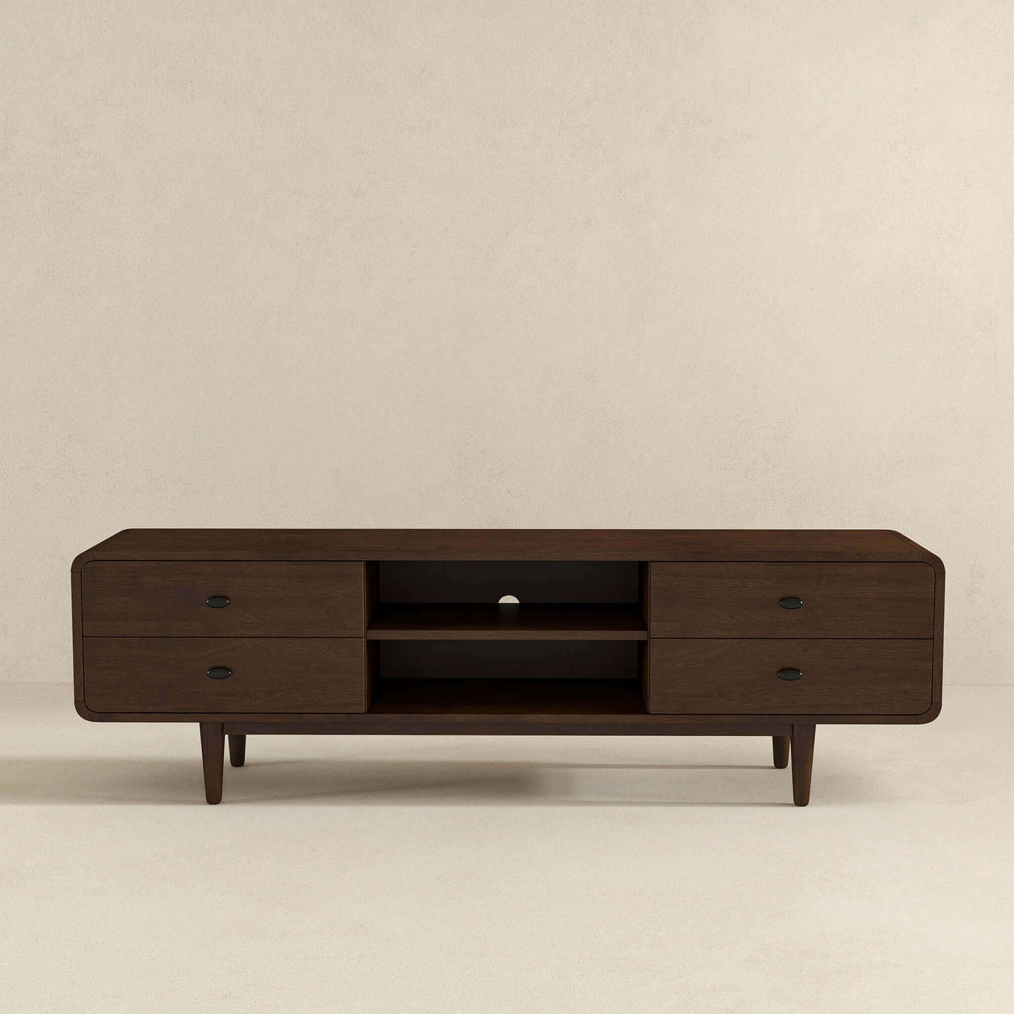 Mid-century modern dark wood TV stand with drawers, open shelves, from FredCo International
