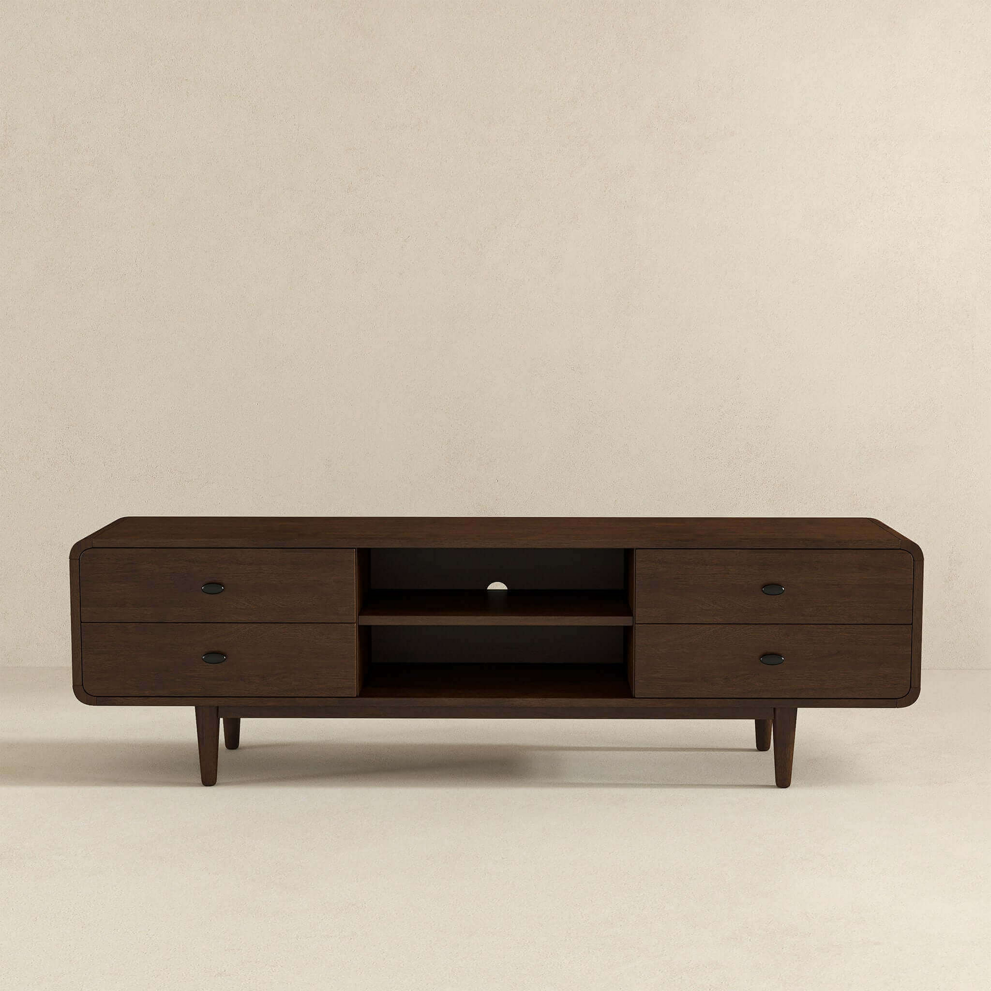 Mid-century modern dark wood TV stand with drawers, open shelves, from FredCo International