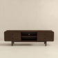 Mid-century modern dark wood TV stand with drawers, open shelves, from FredCo International