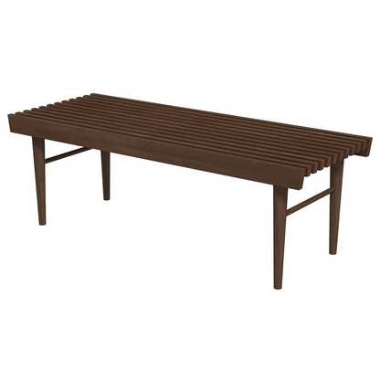 Mid-century modern slatted wood bench with dark brown finish, FredCo International furniture