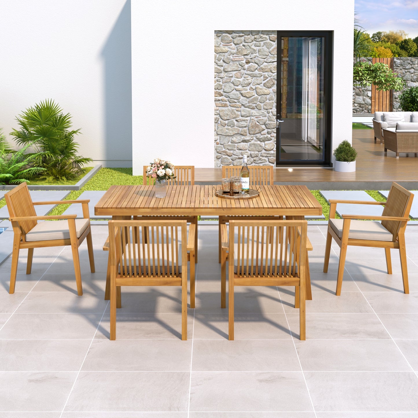 Durable 7 - Piece Patio Furniture Set Acacia Wood Table and 6 Heavy-Duty Cushioned Chairs, Natural FredCo