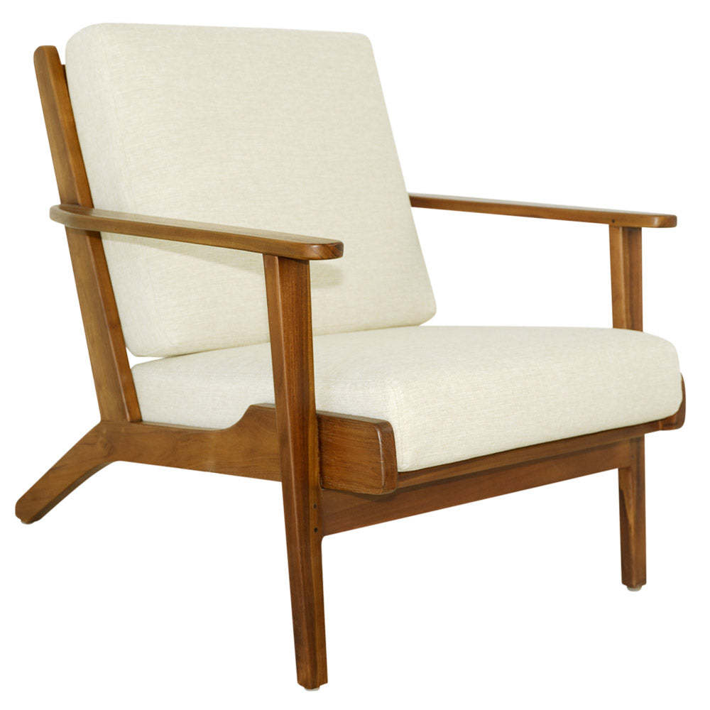 Mid-century modern wood armchair with beige cushions, FredCo International furniture