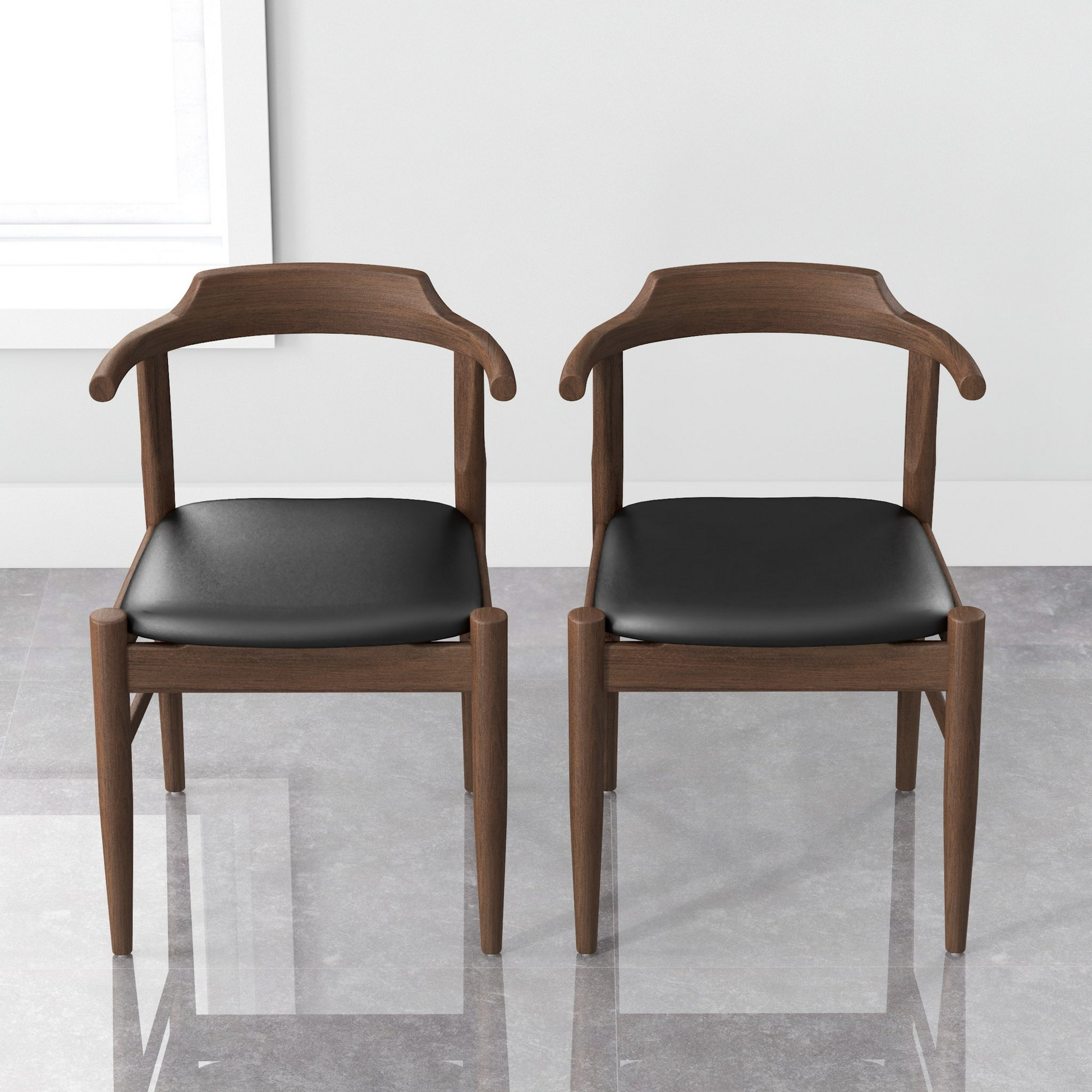 Leon Mid-Century Modern Leather Dining Chair Set of 2 with Solid Wood Frame in Black FredCo