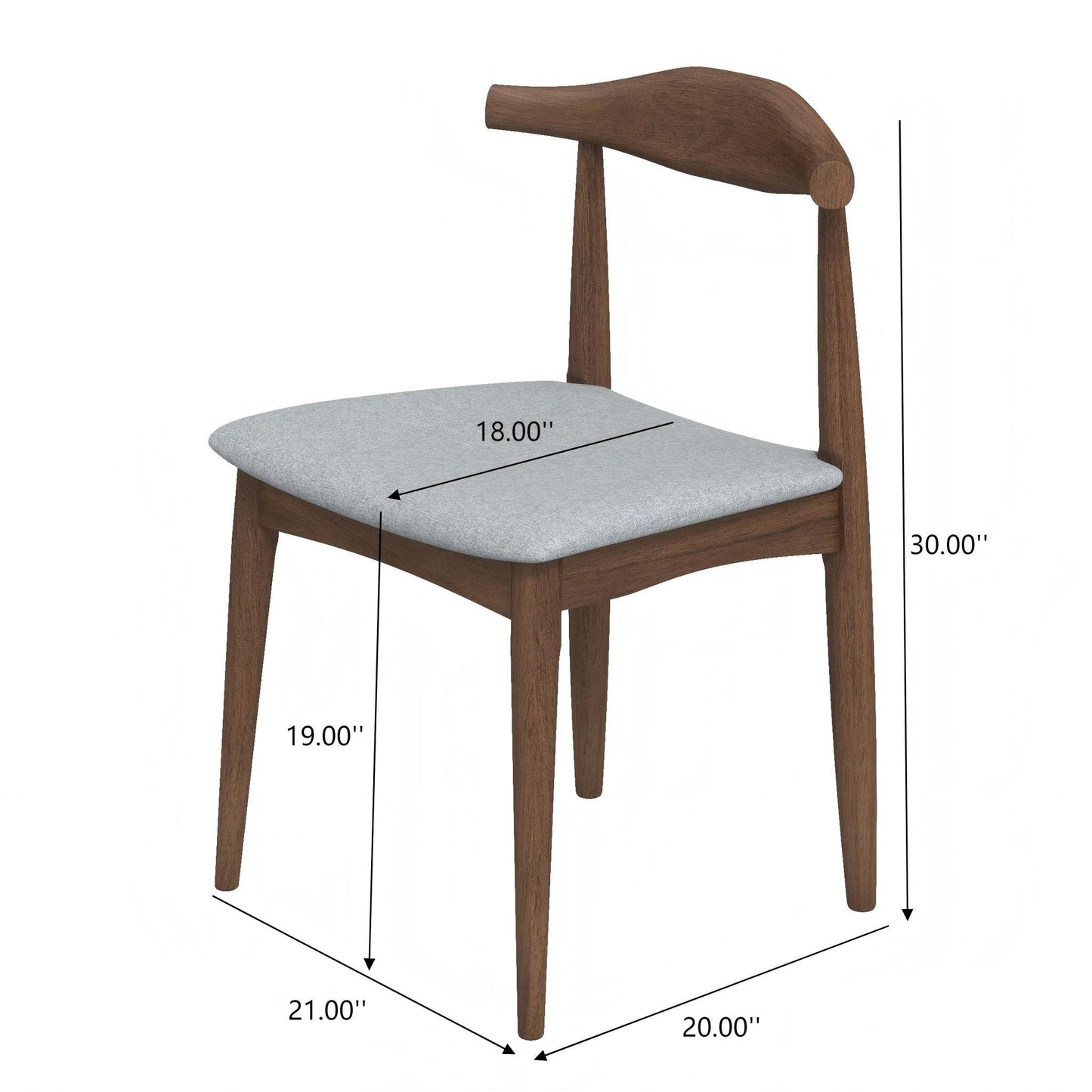 Mid-century modern dining chair with wood frame, light gray seat, shown with dimensions.