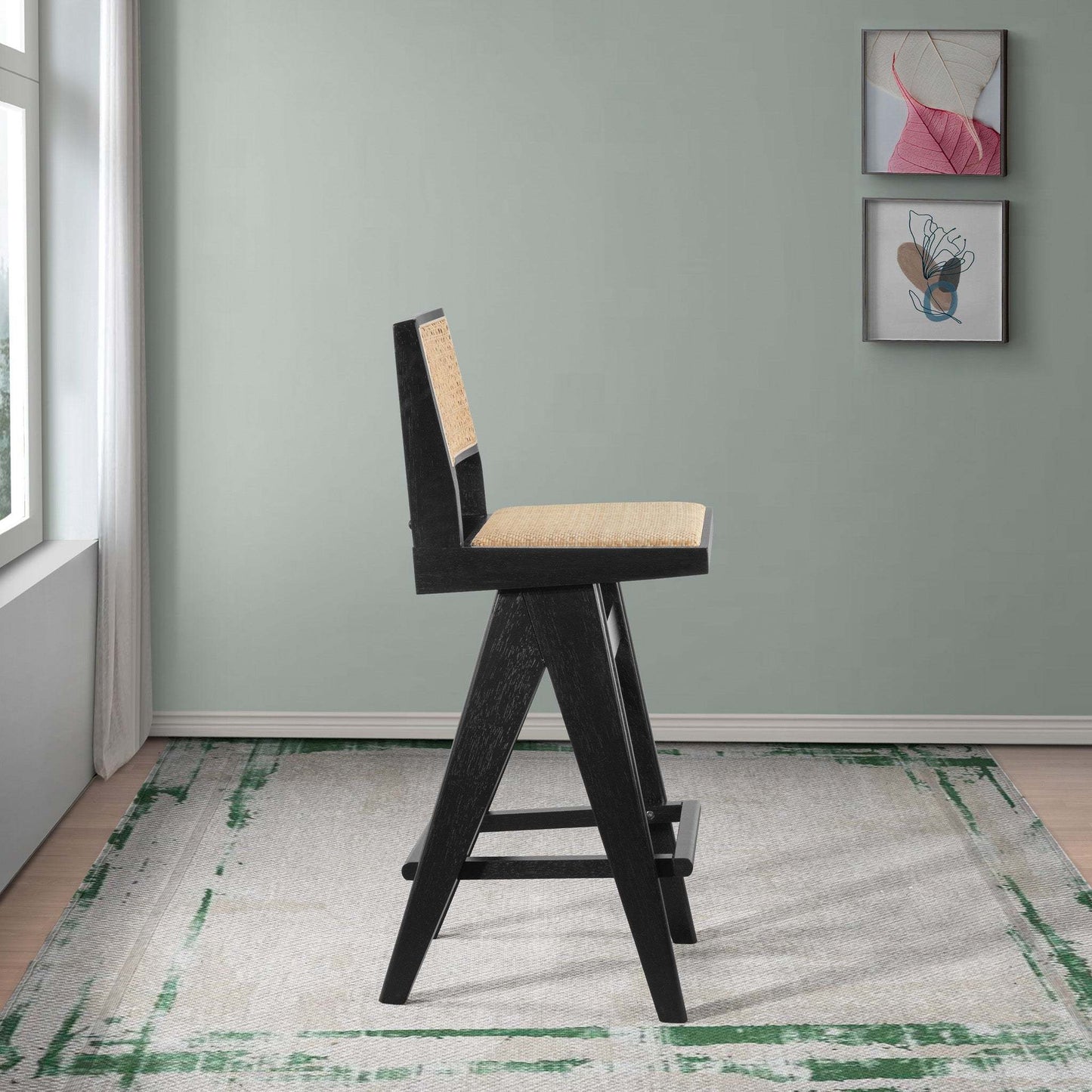 Keira Mid-Century Rattan Bar Stool Set of 2 with Leather Seat in Black 27.4In FredCo