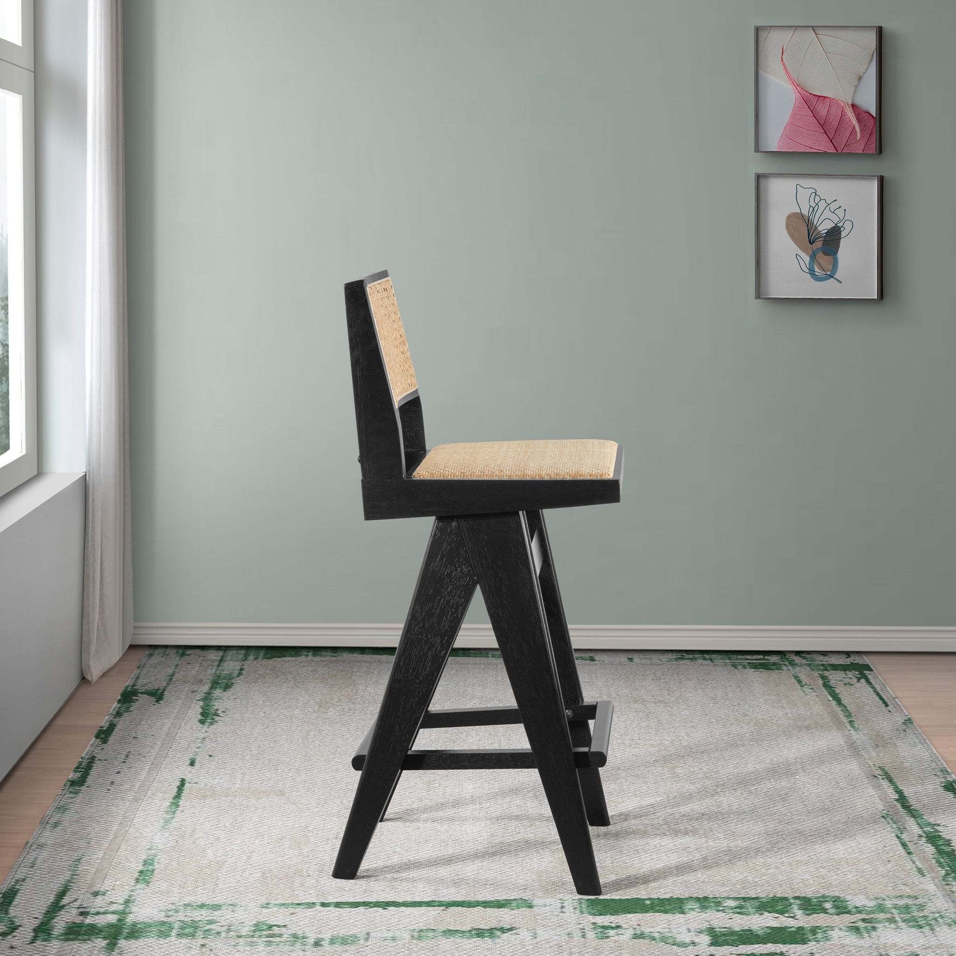 Keira Mid-Century Rattan Bar Stool Set of 2 with Leather Seat in Black 27.4In FredCo