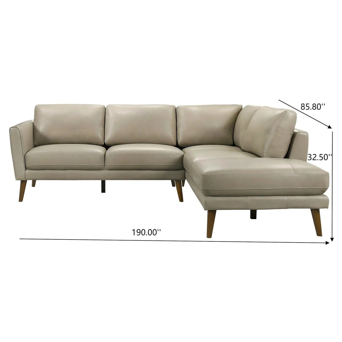 Modern light gray sectional sofa with wood legs, shown with dimensions, FredCo International furniture