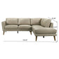 Modern light gray sectional sofa with wood legs, shown with dimensions, FredCo International furniture