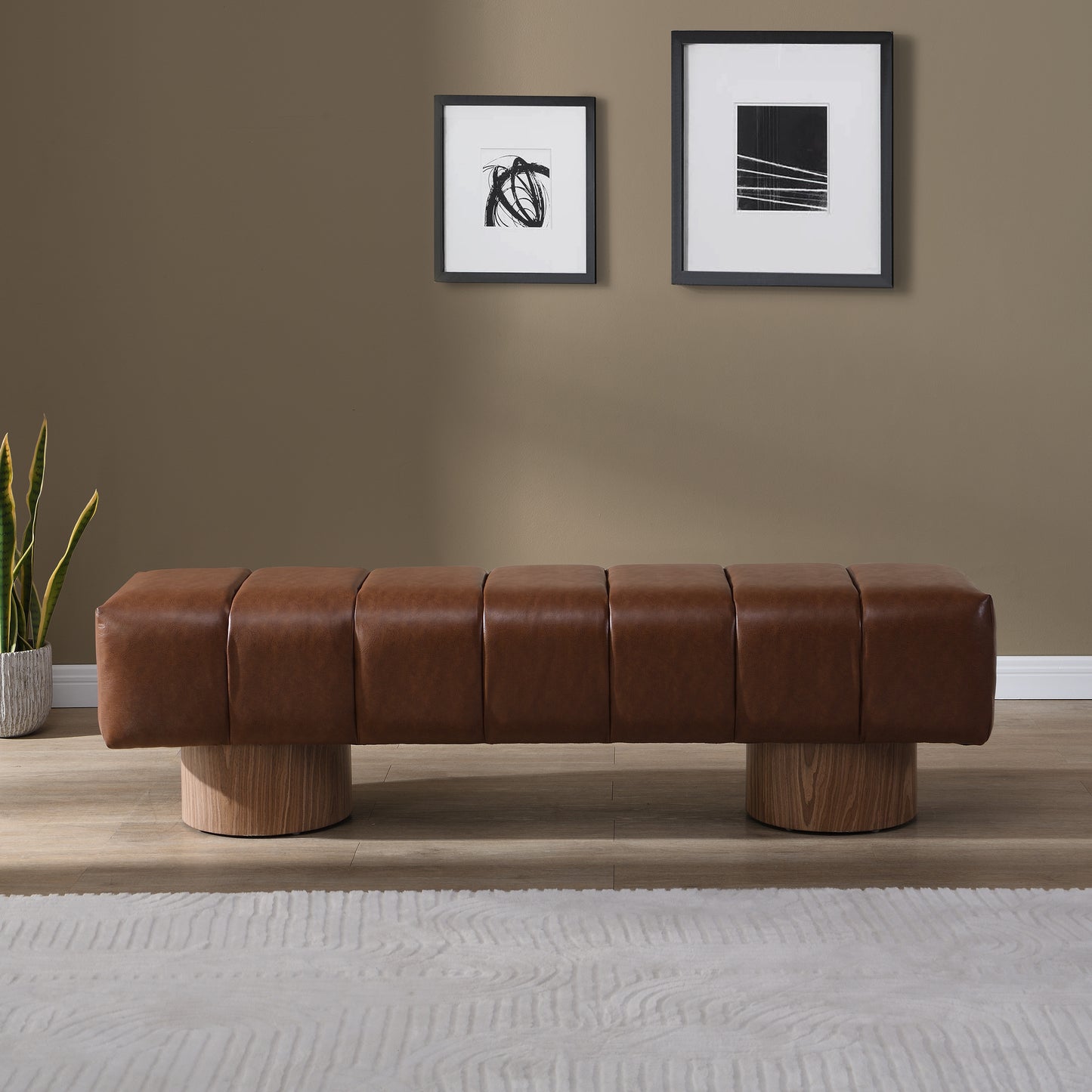 Upholstered Dining Bench for Dining Room, No-Assembly End of Bed Entryway Bench Ottoman for Bedroom Living Room, Brown PU Stool Top Wood Leg 300 LBS Weight Capacity FredCo